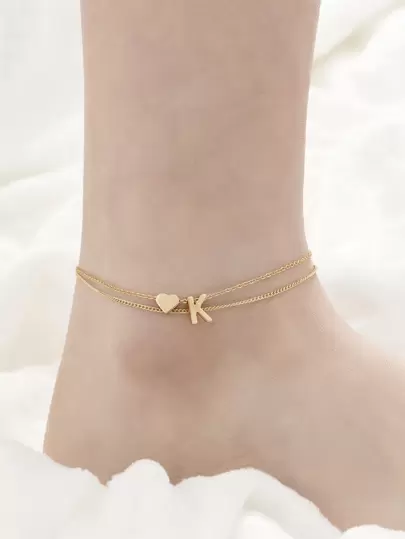 心和字母裝飾分層腳鏈