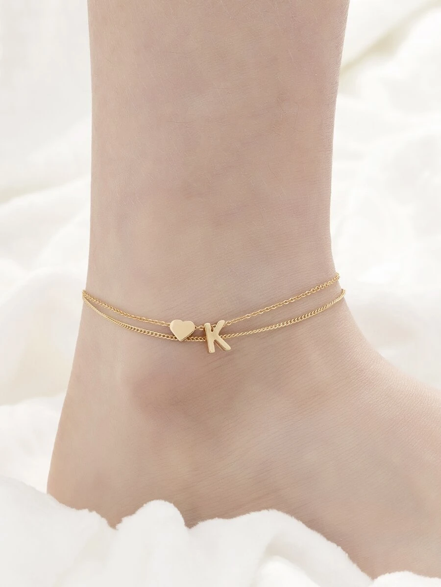心和字母裝飾分層腳鏈