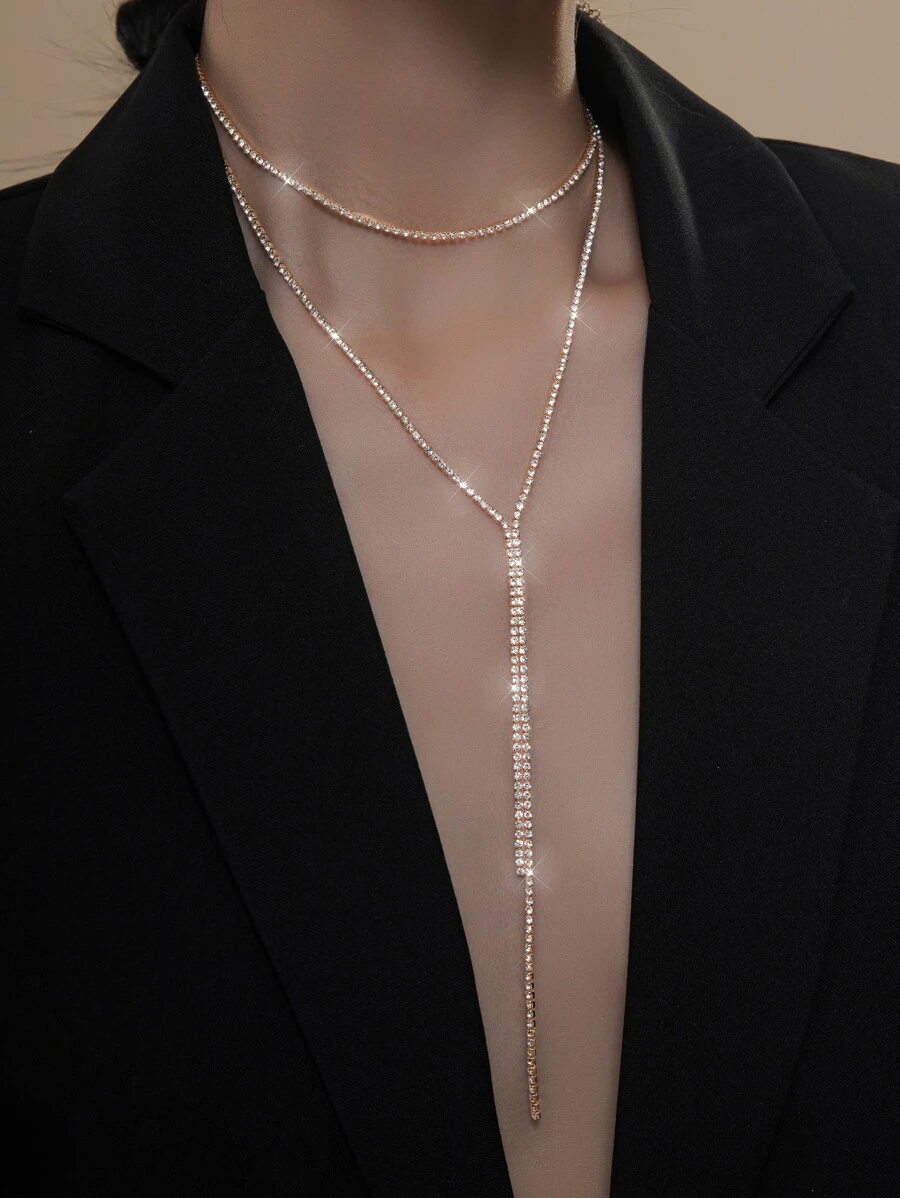 2入組水鑽裝飾Y字項鍊 - 金黃色 - 查看 1