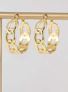 Chain Design Hoop Earrings - Yellow Gold - View 2