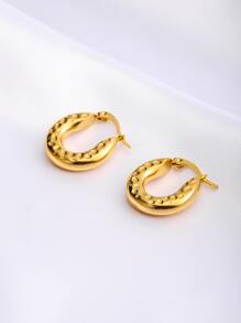 紋理質感圓耳環 - 金黃色 - 查看 1