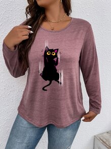 SHEIN LUNE Plus Cat Print Tee - Red Violet - View 1
