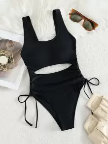 SHEIN Swim Summer Beach Cut Out Drawstring Side One Piece Swimsuit - Black - View 2