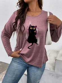 SHEIN LUNE Plus Cat Print Tee - Red Violet - View 3