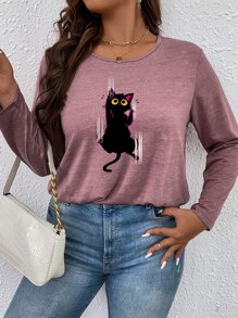 SHEIN LUNE Plus Cat Print Tee - Red Violet - View 4