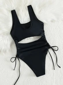 SHEIN Swim Summer Beach Cut Out Drawstring Side One Piece Swimsuit - Black - View 3