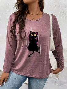 SHEIN LUNE Plus Cat Print Tee - Red Violet - View 5