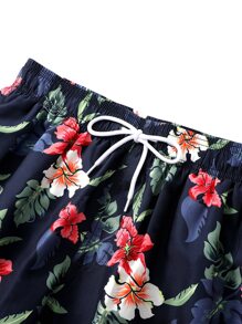 Manfinity Men Floral Print Drawstring Waist Swim Trunks - Navy Blue - View 3