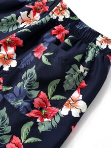 Manfinity Men Floral Print Drawstring Waist Swim Trunks - Navy Blue - View 6