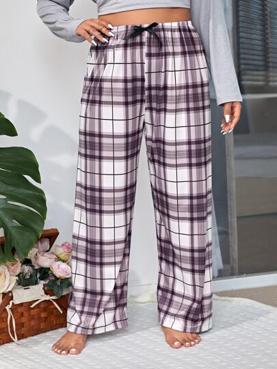 Pantalones de pijama con estampado de cuadros y lazo delantero, para otoño e invierno, cómodos