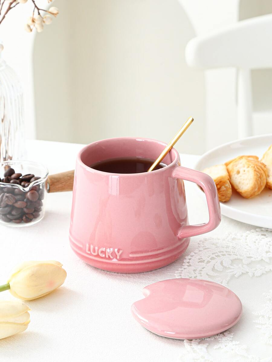 新款粉色陶瓷馬克杯帶蓋和不銹鋼金色小匙，一杯，一蓋和一匙的套裝 - 彩色 - 查看 1