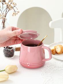 新款粉色陶瓷馬克杯帶蓋和不銹鋼金色小匙，一杯，一蓋和一匙的套裝 - 彩色 - 查看 2
