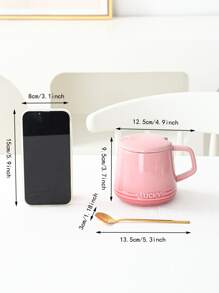 新款粉色陶瓷馬克杯帶蓋和不銹鋼金色小匙，一杯，一蓋和一匙的套裝 - 彩色 - 查看 3