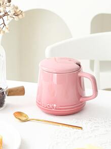 新款粉色陶瓷馬克杯帶蓋和不銹鋼金色小匙，一杯，一蓋和一匙的套裝 - 彩色 - 查看 4