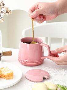 新款粉色陶瓷馬克杯帶蓋和不銹鋼金色小匙，一杯，一蓋和一匙的套裝 - 彩色 - 查看 5