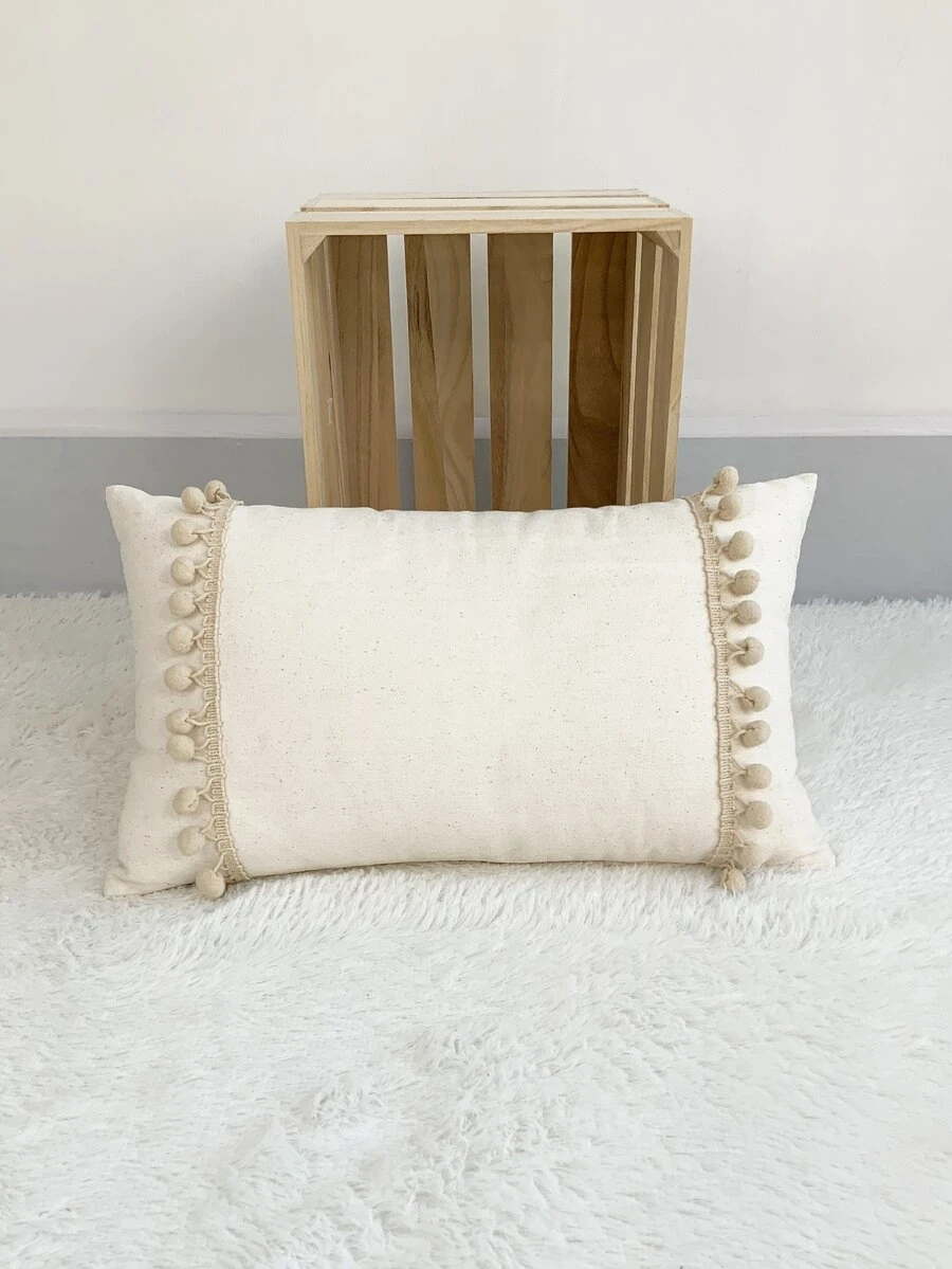 1pc Pom Pom Decor Cushion Cover Without Filler - Beige - View 1