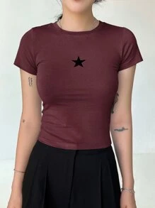 DAZY Star Print Crop Tee - Burgundy - View 5
