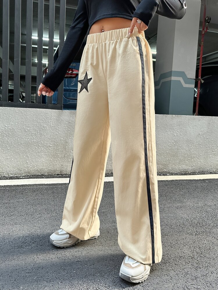 Gorpcore Low Rise Star Print Contrast Tape Side Parachute Pants