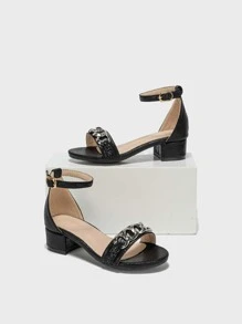 Girls Chain Decor Chunky Heeled Ankle Strap Sandals - Black - View 1