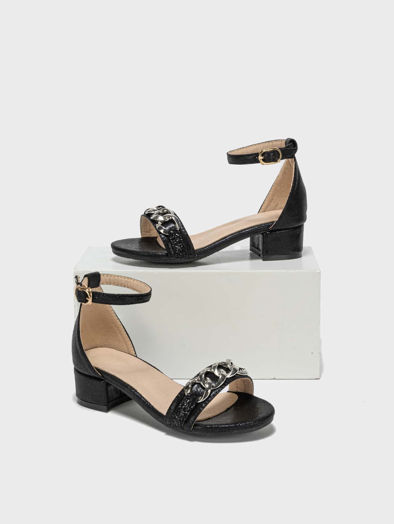 Girls Chain Decor Chunky Heeled Ankle Strap Sandals - Black - View 1