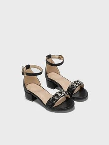 Girls Chain Decor Chunky Heeled Ankle Strap Sandals - Black - View 2