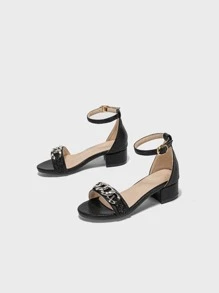 Girls Chain Decor Chunky Heeled Ankle Strap Sandals - Black - View 3