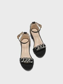 Girls Chain Decor Chunky Heeled Ankle Strap Sandals - Black - View 5