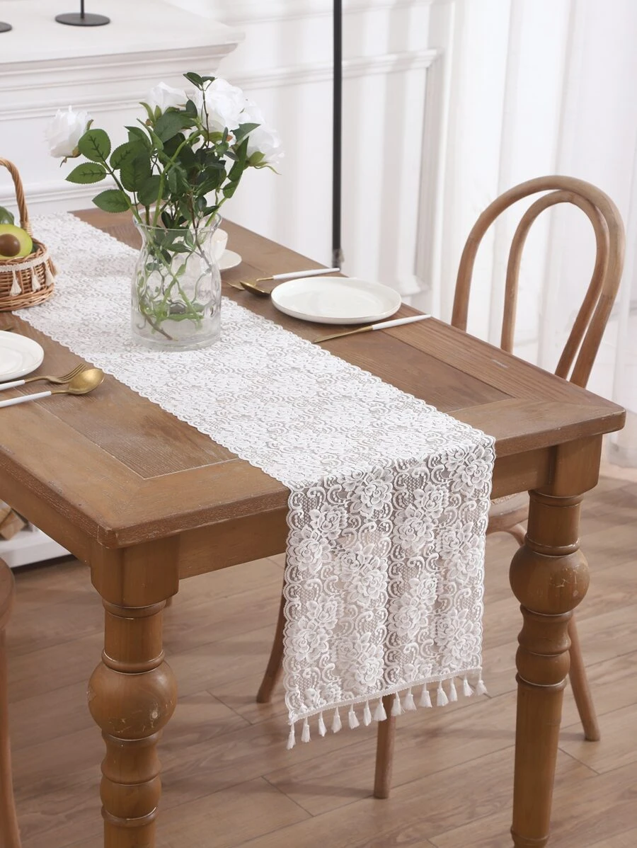 Camino de mesa con bordado floral con diseño de fleco - Blanco - Ver 1