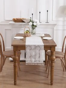 Camino de mesa con bordado floral con diseño de fleco - Blanco - Ver 4