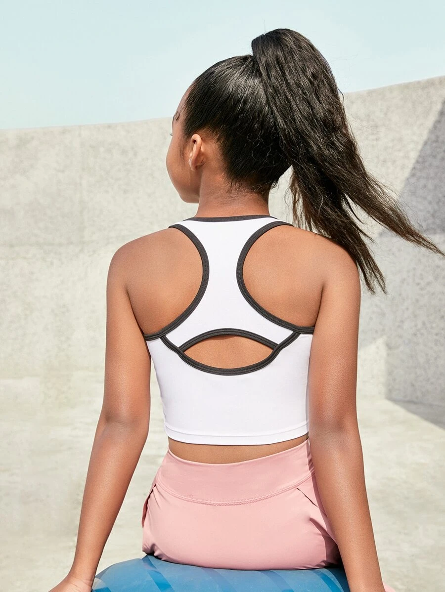 SHEIN Girls Contrast Binding Cut Out Back Crop Tank Top - White - View 1