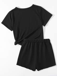 SHEIN Tween Girl 2pcs/Set Fashion Leopard Print Sunflower & Heart Pattern Printed Short Sleeve T-Shirt And Shorts Summer Outfits - Black - View 2