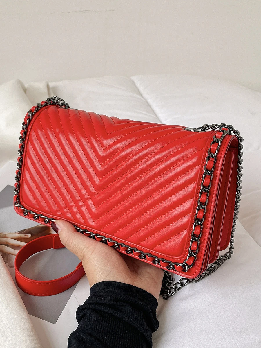 时尚链条装饰 V 形设计刺绣线单肩包和斜挎包女士小方形钱包