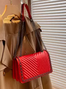 时尚链条装饰 V 形设计刺绣线单肩包和斜挎包女士小方形钱包 - 紅色 - 查看 3