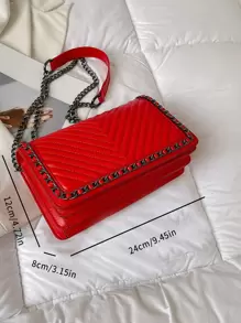 时尚链条装饰 V 形设计刺绣线单肩包和斜挎包女士小方形钱包 - 紅色 - 查看 5