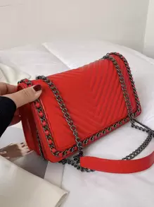 时尚链条装饰 V 形设计刺绣线单肩包和斜挎包女士小方形钱包 - 紅色 - 查看 6