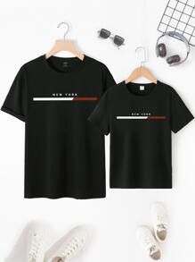 SHEIN Tween Boy 1pc Casual Fashionable Letter Print Short Sleeve Round Neck T-Shirt For Boys - Black - View 3