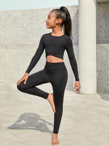 SHEIN Girls Solid Crop Tee & Leggings - Black - View 1