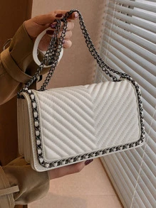 Bolso de hombro para mujer con bordado de forma de V y decoración de cadena, bolso cuadrado pequeño para usar cruzado - Beis - Ver 3