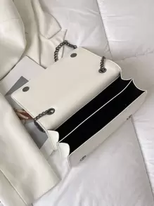 Bolso de hombro para mujer con bordado de forma de V y decoración de cadena, bolso cuadrado pequeño para usar cruzado - Beis - Ver 4