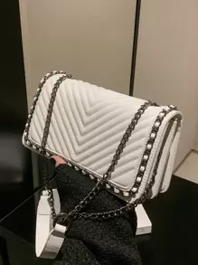 Bolso de hombro para mujer con bordado de forma de V y decoración de cadena, bolso cuadrado pequeño para usar cruzado - Beis - Ver 5
