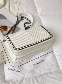 Bolso de hombro para mujer con bordado de forma de V y decoración de cadena, bolso cuadrado pequeño para usar cruzado - Beis - Ver 6