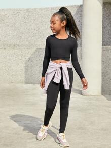 SHEIN Girls Solid Crop Tee & Leggings - Black - View 5