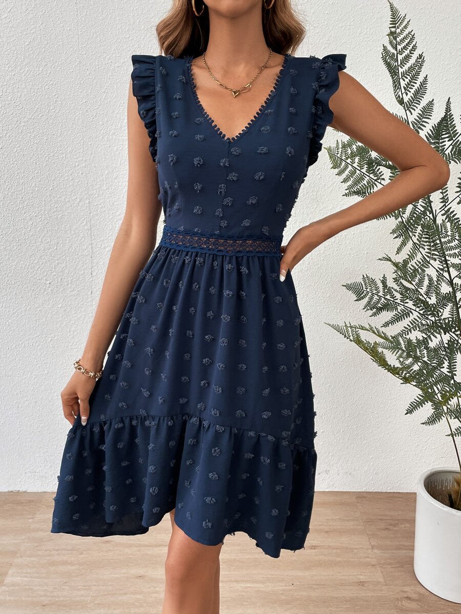 Breezaya Vestido de lunares con encaje ribete con fruncido - Azul Marino - Ver 1