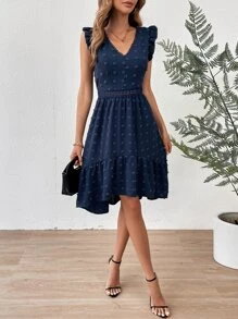 Breezaya Vestido de lunares con encaje ribete con fruncido - Azul Marino - Ver 4