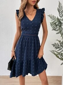 Breezaya Vestido de lunares con encaje ribete con fruncido - Azul Marino - Ver 6