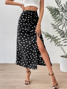 SHEIN Frenchy 波點圖案褶邊高衩半身裙 - 黑色 - 查看 2