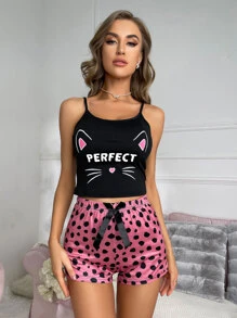 卡通字母图案蝴蝶结前吊带睡衣套装/睡衣套装