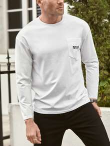 Manfinity Men Letter Embroidery Patched Pocket Tee - White - View 3