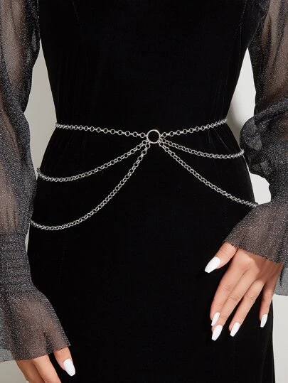 Street 1pc 105cm Multiple Layered Chain Waist Chain With Interlocking Iron Rings, Cross Shaped & Circular Pendant Detail Harness Halloween Summer, School Fall, Autumn, Halloween