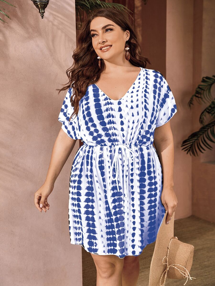 SHEIN Swim Curve Summer Beach Plus Tie Dye Drawstring Cover Up - Blue and White - View 1